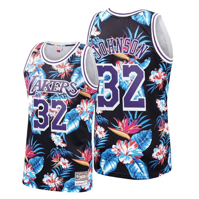 Men's Los Angeles Lakers Magic Johnson #32 NBA Hardwood Classics Floral Fashion Black Basketball Jersey WPN5883QP